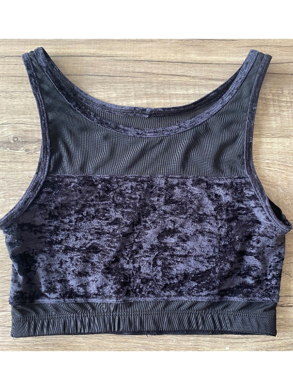 Black Crushed Velvet & Mesh Crop Top – Small – Made in USA